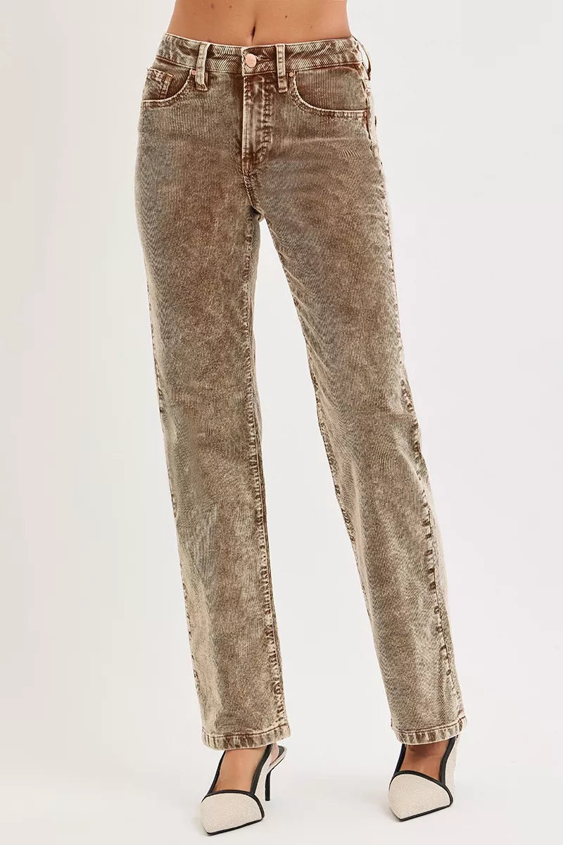 MOCHA RISEN Tummy Control Mid Rise Straight Leg Corduroy Pants | Pants Daverri Fashions
