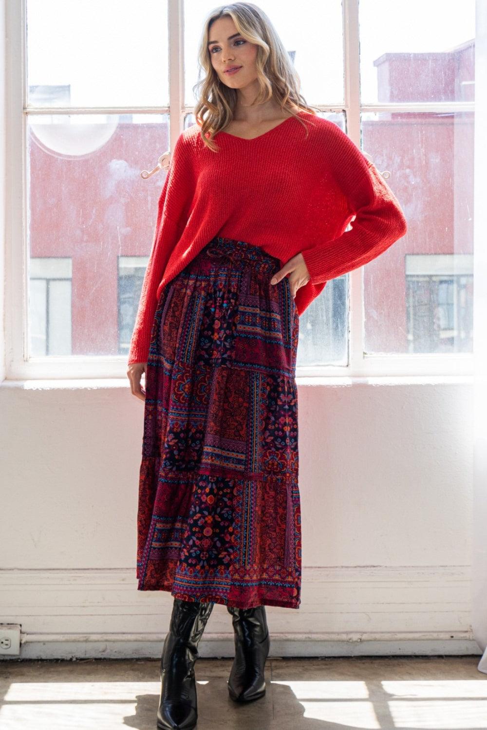 ODDI Full Size Printed Tiered Maxi Skirt | Skirts Daverri Fashions