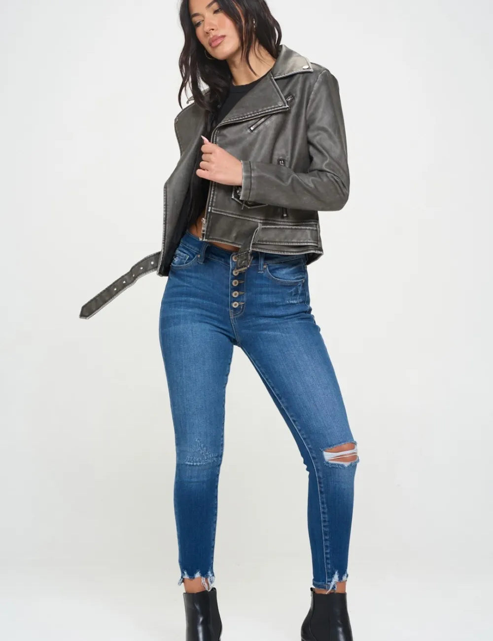 Coalition LA Zip Up Vegan Leather Biker Jacket with Belt | Jackets Daverri Fashions