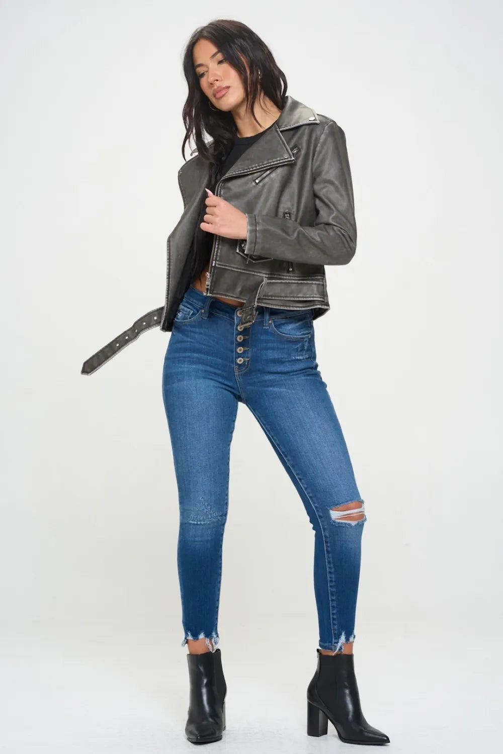 Coalition LA Zip Up Vegan Leather Biker Jacket with Belt | Jackets Daverri Fashions