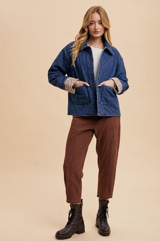 Annie Wear Quilted Printed Lining Snap Down Denim Jacket Tops