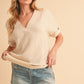 Aemi + Co Side Slit V-Neck Short Sleeve Blouse Oatmeal S Blouses
