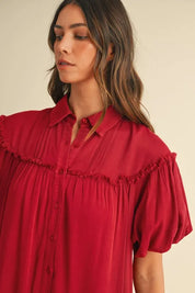 Annie Wear Mineral Washed Button Down Puff Sleeve Shirt Dress | Daverri Fashions