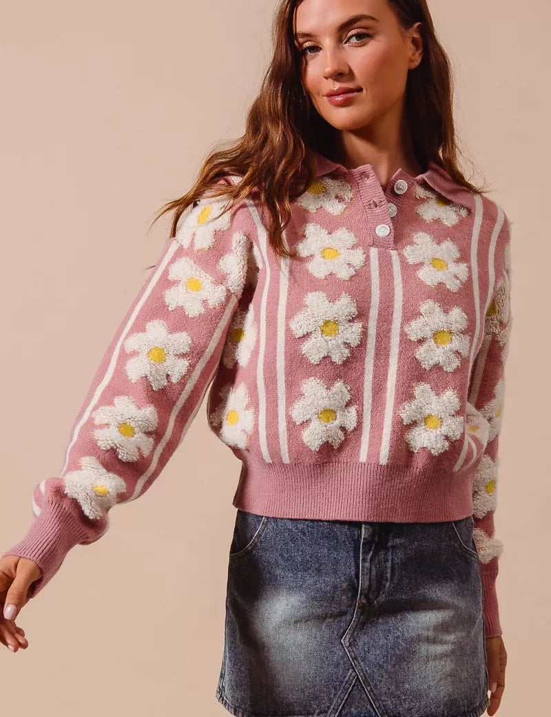 MAUVE IVORY SO ME Floral Stripe Polo Collar Sweater | Sweaters Daverri Fashions