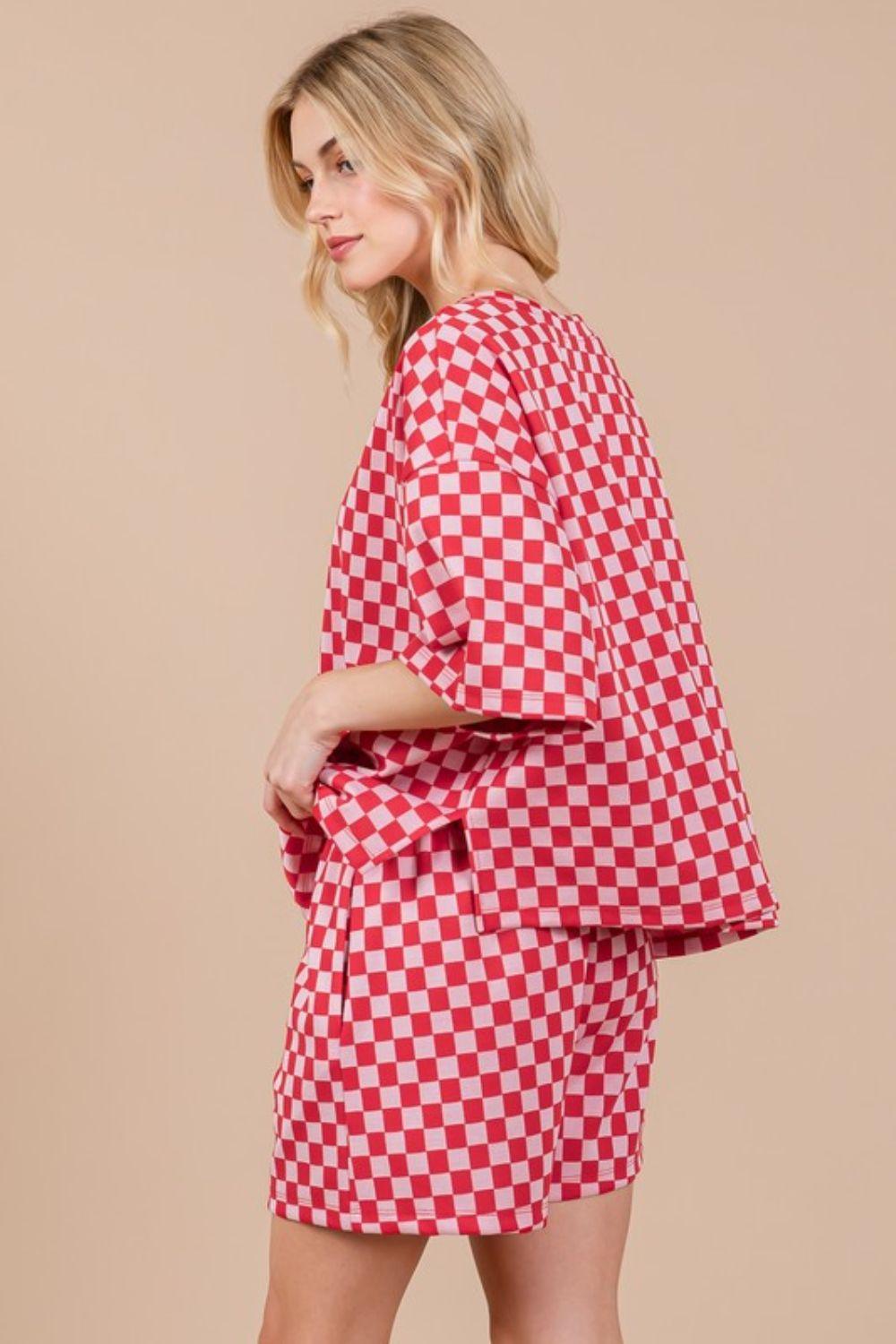 Ces Femme Checkered Round Neck Top and Shorts Set Outfit Sets