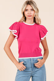 Mittoshop Contrast Trim Ruffled Cap Sleeve Knit Top Hot Pink Tops