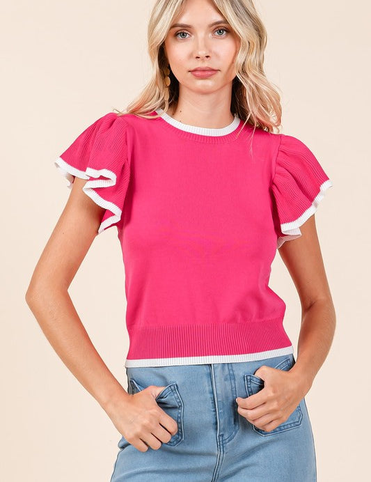 Mittoshop Contrast Trim Ruffled Cap Sleeve Knit Top Hot Pink Tops