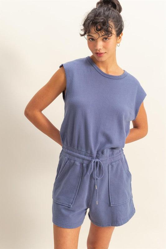 HYFVE Round Neck Cap Sleeve Drawstring Waist Romper Dusty Blue L Rompers