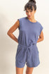 HYFVE Round Neck Cap Sleeve Drawstring Waist Romper Dusty Blue L Rompers