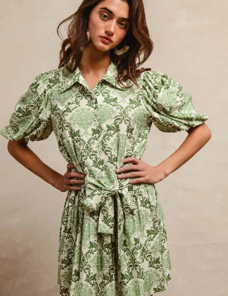 BiBi Tied Floral Short Sleeve Mini Shirt Dress | Mini Dresses Daverri Fashions