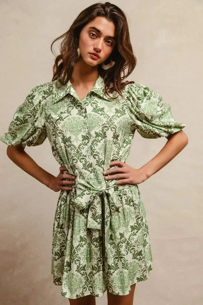 BiBi Tied Floral Short Sleeve Mini Shirt Dress - DAVERRI FASHIONS