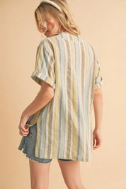 Aemi+Co Side Slit Striped Short Sleeve Blouse | Daverri Fashions