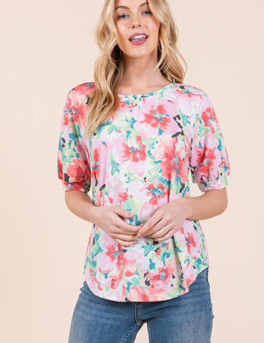 Pink Mix BOMBOM Floral Round Neck Puff Sleeve Top | Tops Daverri Fashions