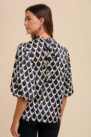 Annie Wear Tie Back Abstract Print Mock Neck Half Sleeve Blouse