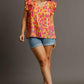 Umgee Full Size Abstract Print V-Neck Double Layer Ruffle Sleeve Blouse Plus Size Blouses
