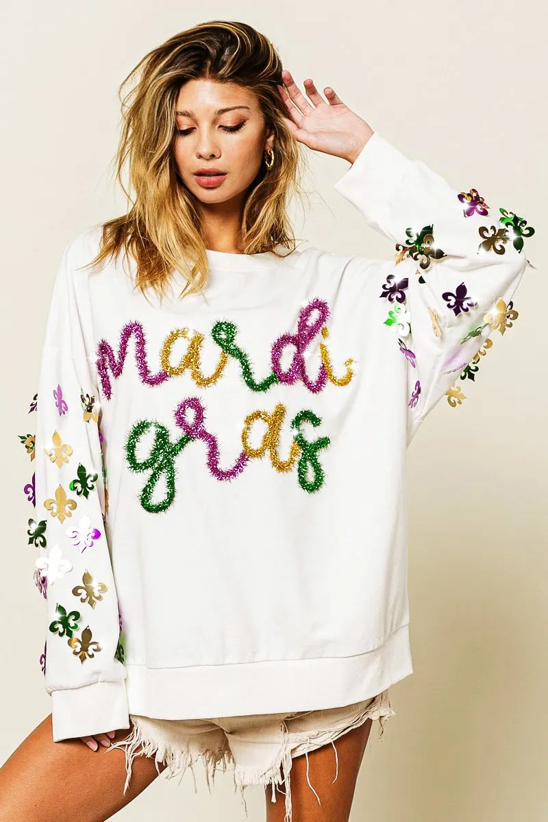 OFF WHITE BiBi Fleur De Lis Sleeve Mardi Gras Pullover | Daverri Fashions