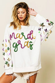 OFF WHITE BiBi Fleur De Lis Sleeve Mardi Gras Pullover | Daverri Fashions