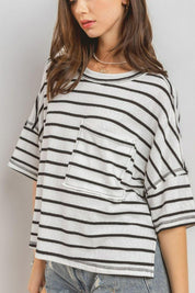 Ces Femme Side Slit Striped Round Neck Half Sleeve T-Shirt | T-Shirts Daverri Fashions