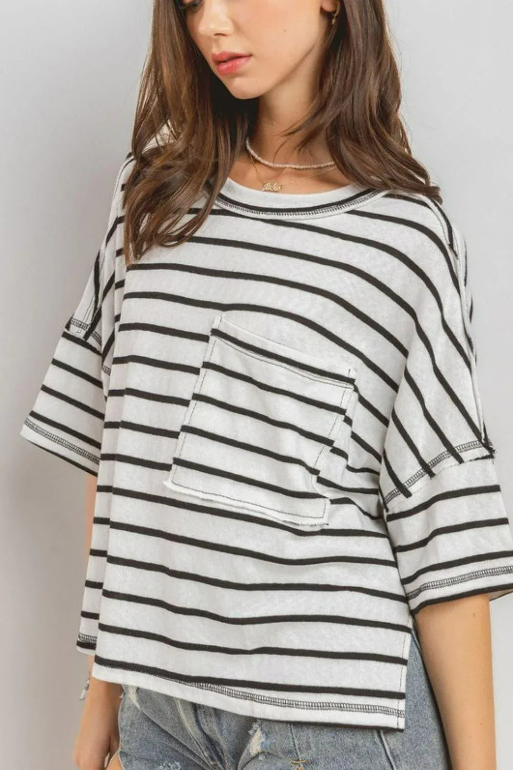 Ces Femme Side Slit Striped Round Neck Half Sleeve T-Shirt - DAVERRI FASHIONS