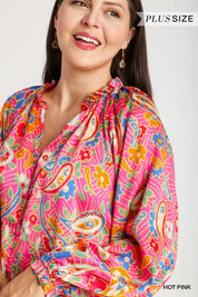 Umgee Full Size Satin Paisley Ruffle Neck Button-Up Shirt Plus Size | Shirts Daverri Fashions