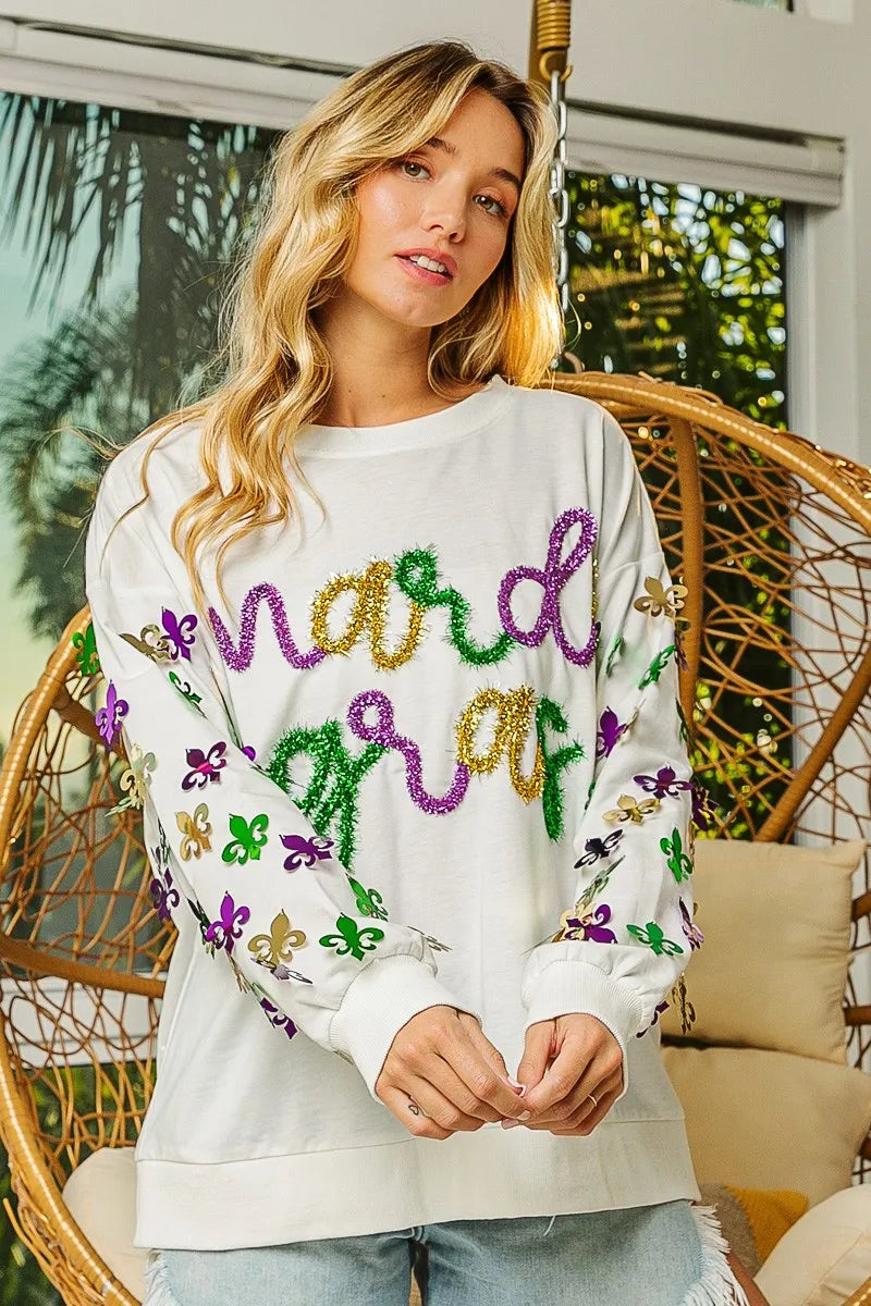 BiBi Fleur De Lis Sleeve Mardi Gras Pullover | Daverri Fashions