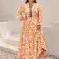 Plus size boho floral print maxi dress with orange white flow, long sleeves