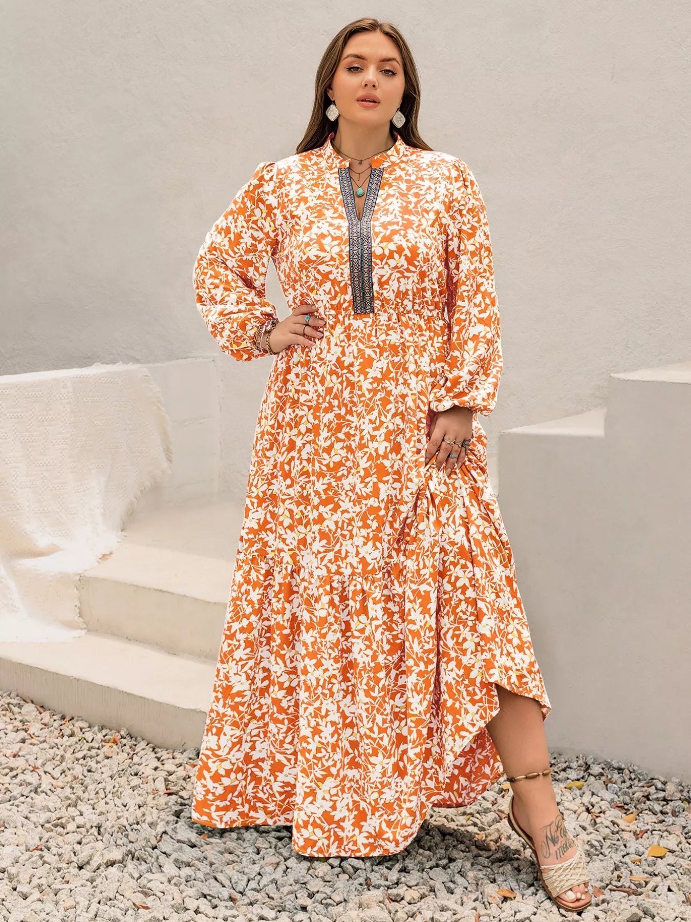 Plus size boho floral print maxi dress with orange white flow, long sleeves