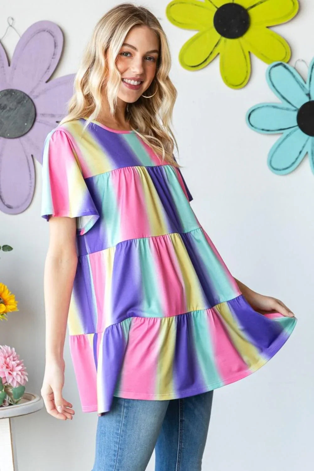 Heimish Full Size Short Sleeve Striped Tiered Top - DAVERRI FASHIONS