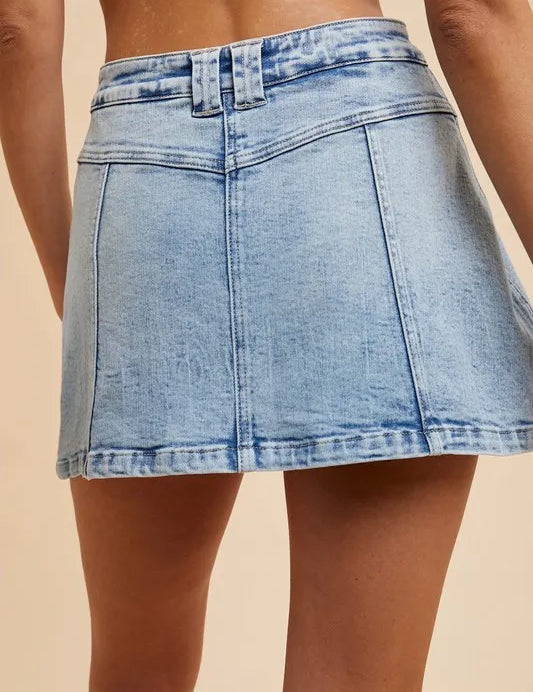 Annie Wear Button Detail Stretch Denim Wrap Mini Skort | Daverri Fashions