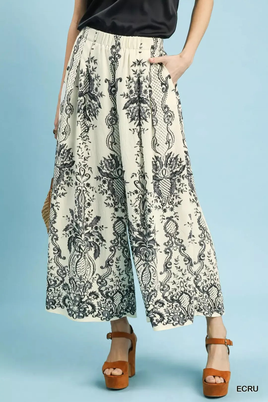 Umgee Border Print Wide Leg Pants in cream with black floral paisley