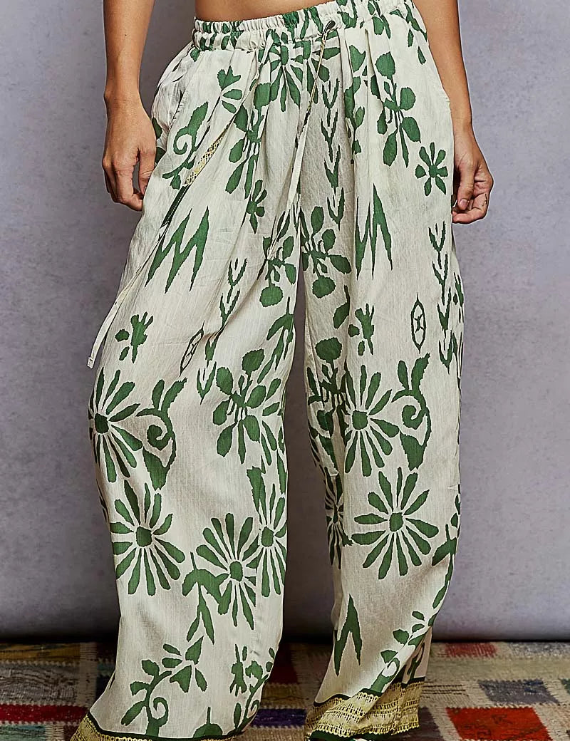 IVORY GREEN FLORA POL Floral Printed Woven Wide Leg Drawstring Pants | Pants Daverri Fashions