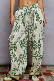 IVORY GREEN FLORA POL Floral Printed Woven Wide Leg Drawstring Pants | Pants Daverri Fashions