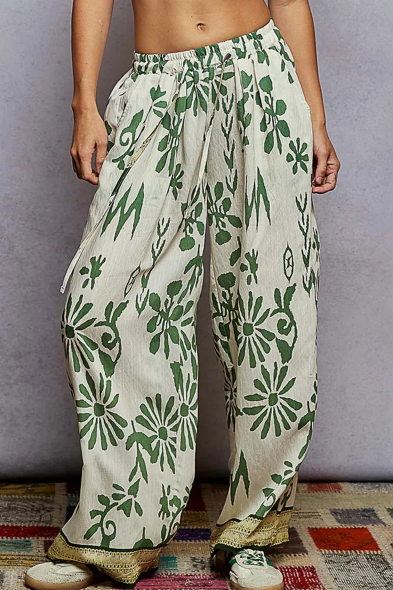 IVORY GREEN FLORA POL Floral Printed Woven Wide Leg Drawstring Pants | Pants Daverri Fashions