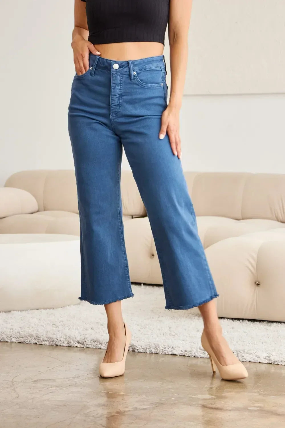 RFM Crop Chloe Tummy Control High Waist Raw Hem Jeans - DAVERRI FASHIONS
