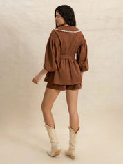 Peter Pan Collar Balloon Sleeve Top and Shorts Set | Daverri Fashions