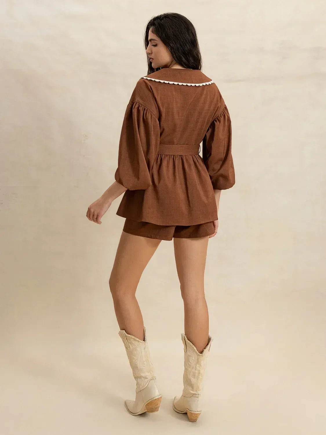 Daverri Fashions Peter Pan Collar Balloon Sleeve Top and Shorts Set - DAVERRI FASHIONS