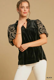Black Umgee Full Size Velvet Embroidered Sleeve Blouse | Blouses Daverri Fashions