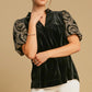 Umgee Full Size Velvet Embroidered Sleeve Blouse Black Blouses