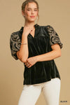 Umgee Full Size Velvet Embroidered Sleeve Blouse - DAVERRI FASHIONS