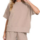Zenana beige ribbed knit two-piece loungewear set with round neck tee and waist banded shorts