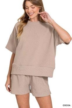 Zenana beige ribbed knit two-piece loungewear set with round neck tee and waist banded shorts