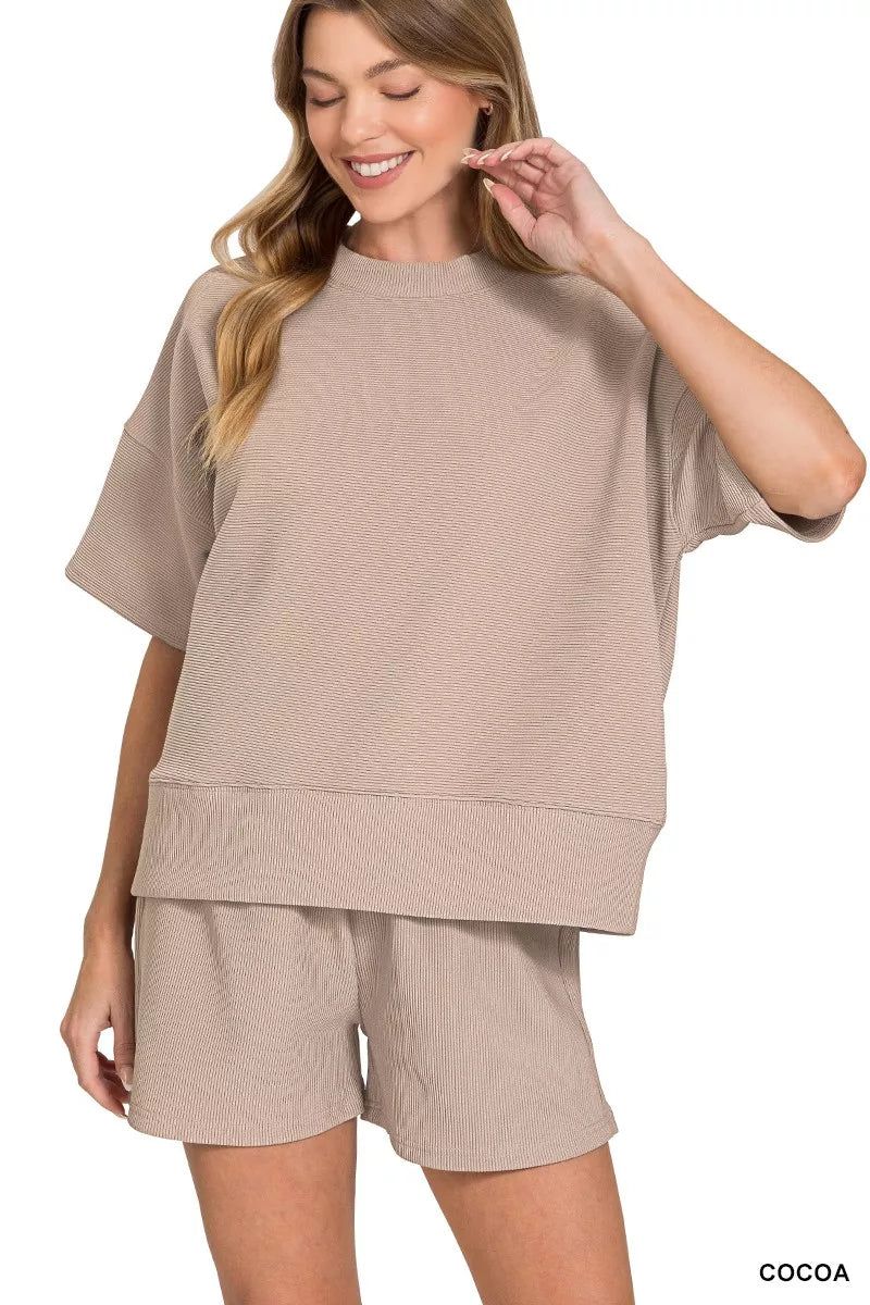 Zenana beige ribbed knit two-piece loungewear set with round neck tee and waist banded shorts