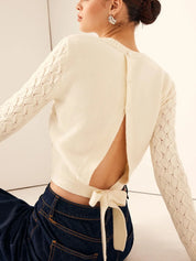 Cutout Bow Back Texture Round Neck Sweater | Sweaters Daverri Fashions