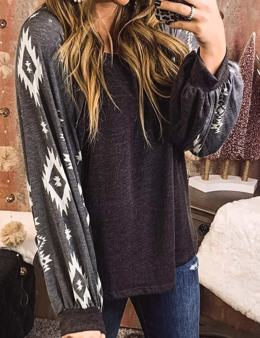 Daverri Fashions charcoal gray Aztec print long-sleeve T-shirt