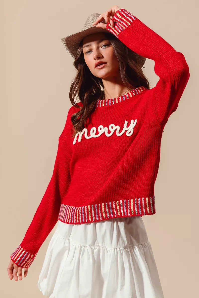 SO ME Merry Lettering Embroidered Christmas Sweater | Sweaters Daverri Fashions