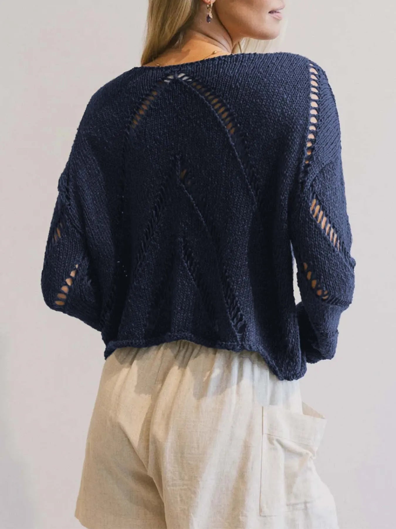 Openwork Boat Neck Long Sleeve Sweater | Sweaters Daverri Fashions