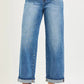 Blue denim wide-leg boyfriend jeans with drawstring waist and rolled cuffs