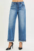 Blue denim wide-leg boyfriend jeans with drawstring waist and rolled cuffs