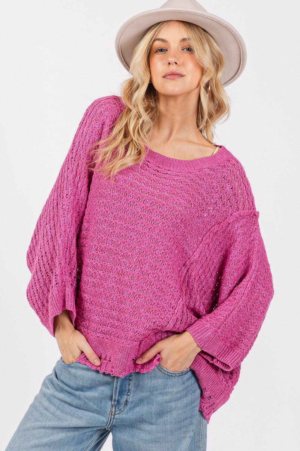 SAGE + FIG Distressed Asymmetrical Open Stitch Sweater Magenta Sweaters