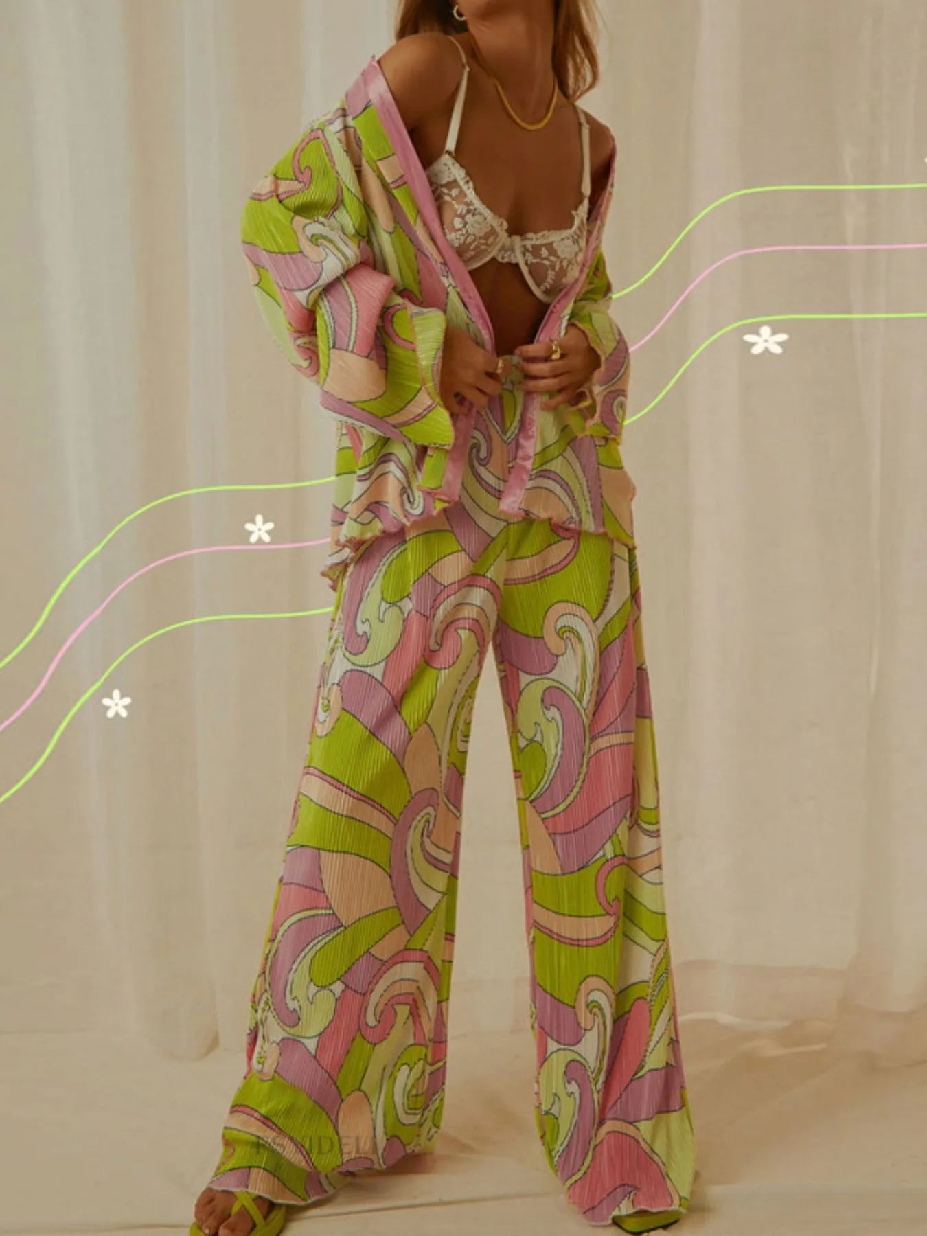 Printed Button Up Shirt and Pants Set | Loungewear Sets Daverri Fashions